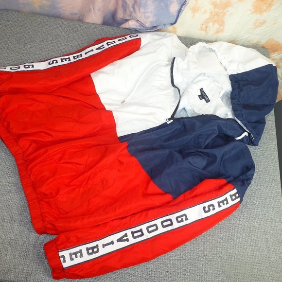 Riley & James Hoodie M Red White Blue Windbreaker "Good Vibes" 1/2 Zip - Picture 2 of 8